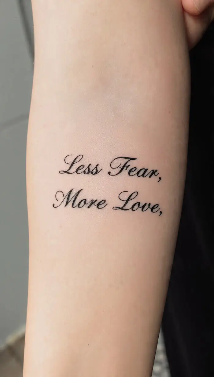 "Less Fear More Love" Quote Tattoo – Minimal Script Forearm Tattoo Design