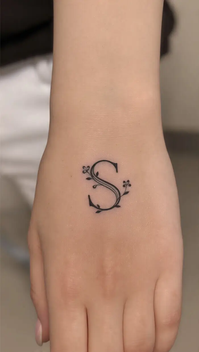 Minimalist Floral “S” Initial Wrist Tattoo Design for Women