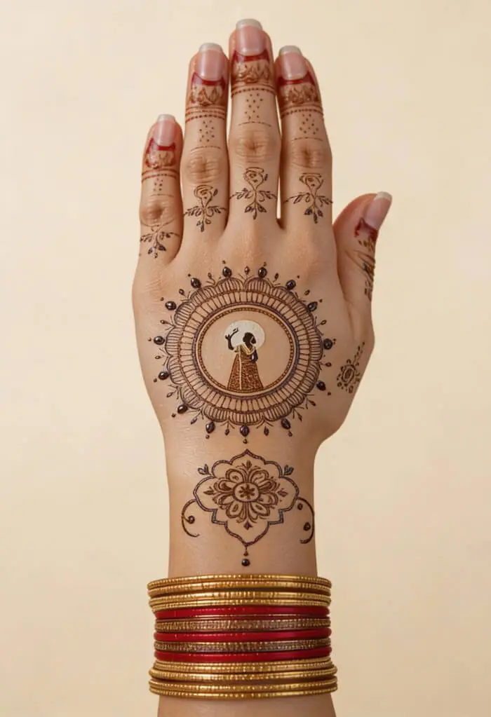 Elegant Bridal Back Hand Mehndi Design with Circular Motif