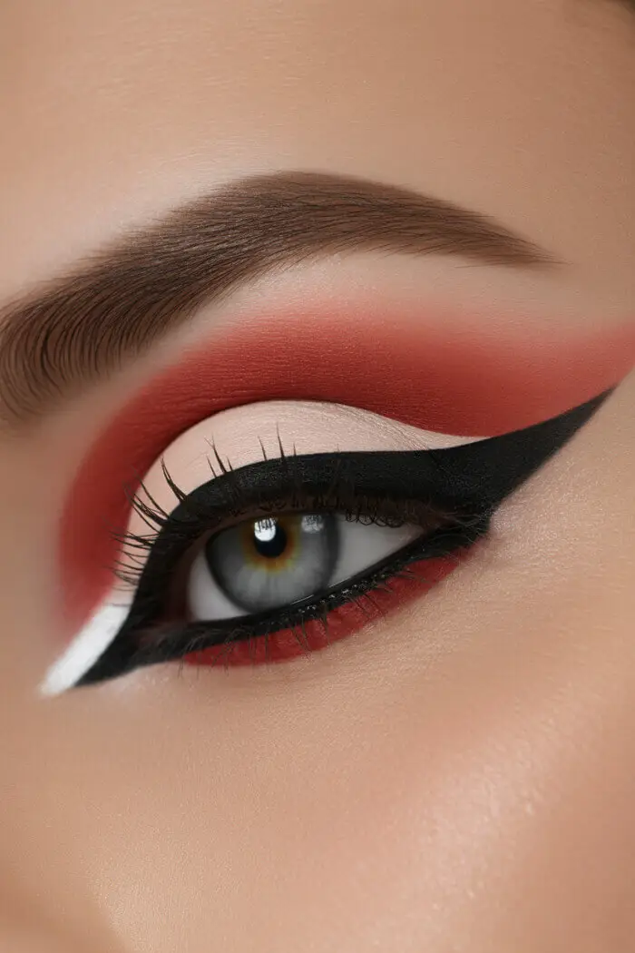 Bold Red Smokey Eye Makeup with Sharp Winged Eyeliner