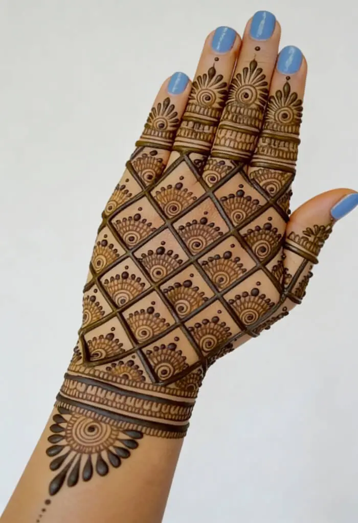 Geometric Back Hand Mehndi Design with Square Pattern