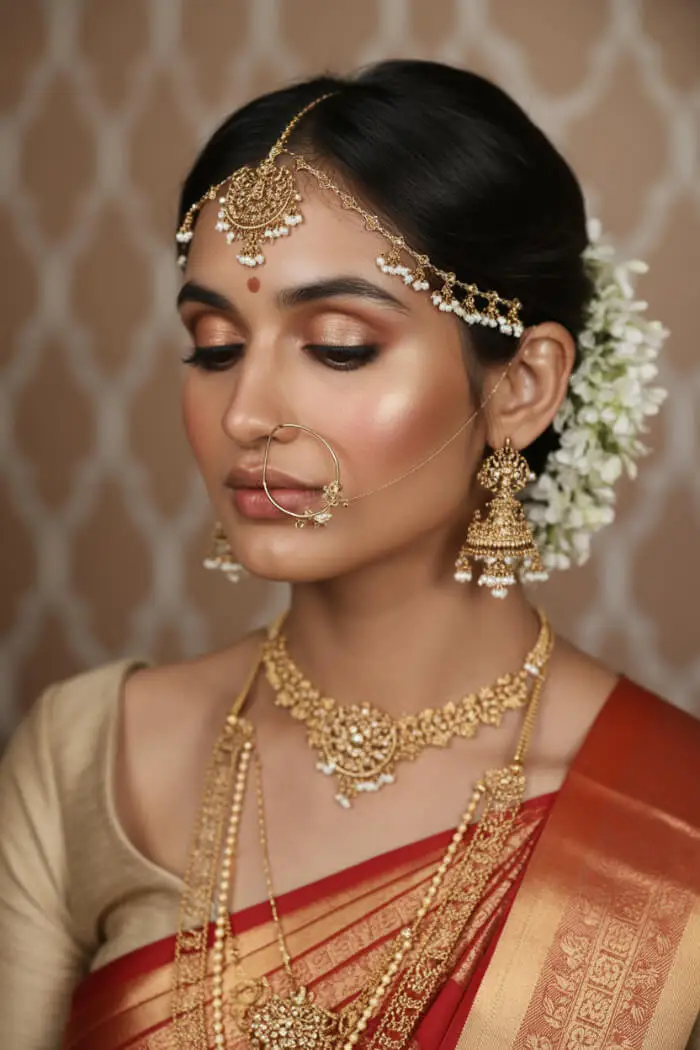 Traditional South Indian Bridal Makeup Look with Gold Temple Jewellery