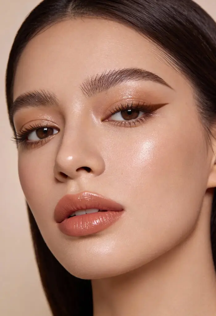 Soft Nude Glam Makeup Look with Dewy Skin & Glossy Lips