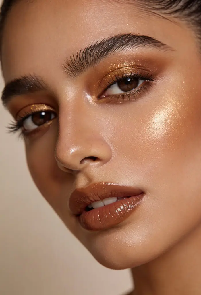 Golden Bronze Soft Glam Makeup Look with Glowy Skin & Nude Glossy Lips