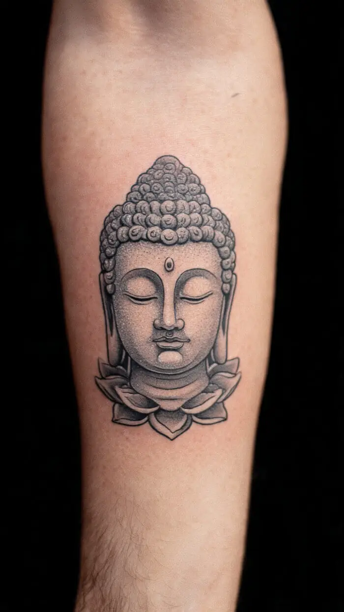 Serene Buddha Face Tattoo – Minimalist Spiritual Lotus Design