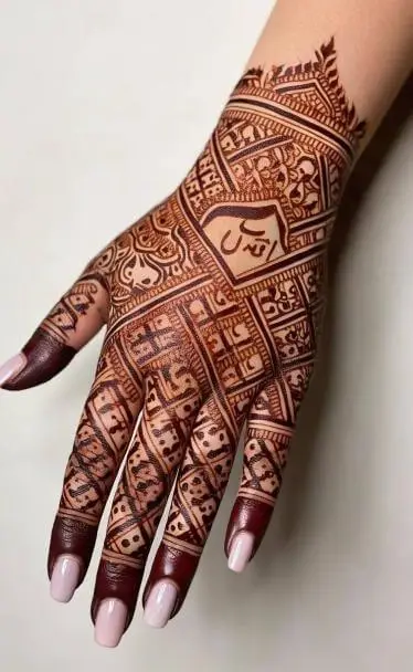 Intricate Arabic Calligraphy Mehndi Design for Full Hand