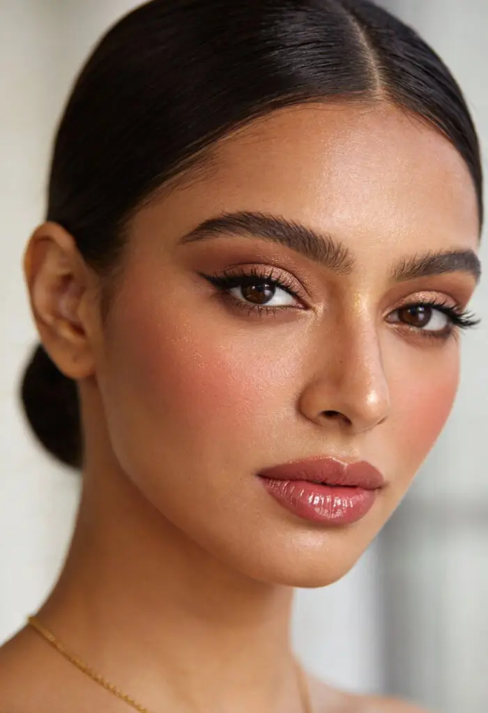 Soft Bronze Glam Makeup Look with Dewy Skin and Glossy Nude Lips