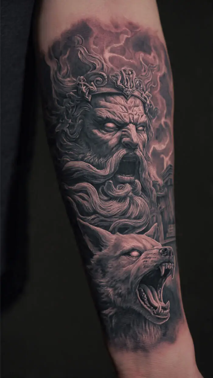 Zeus and Wolf Realism Tattoo – Powerful Greek Mythology Sleeve Design