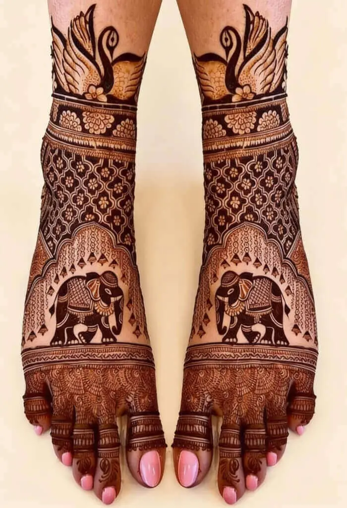 Royal Elephant Bridal Foot Mehndi Design with Traditional Motifs