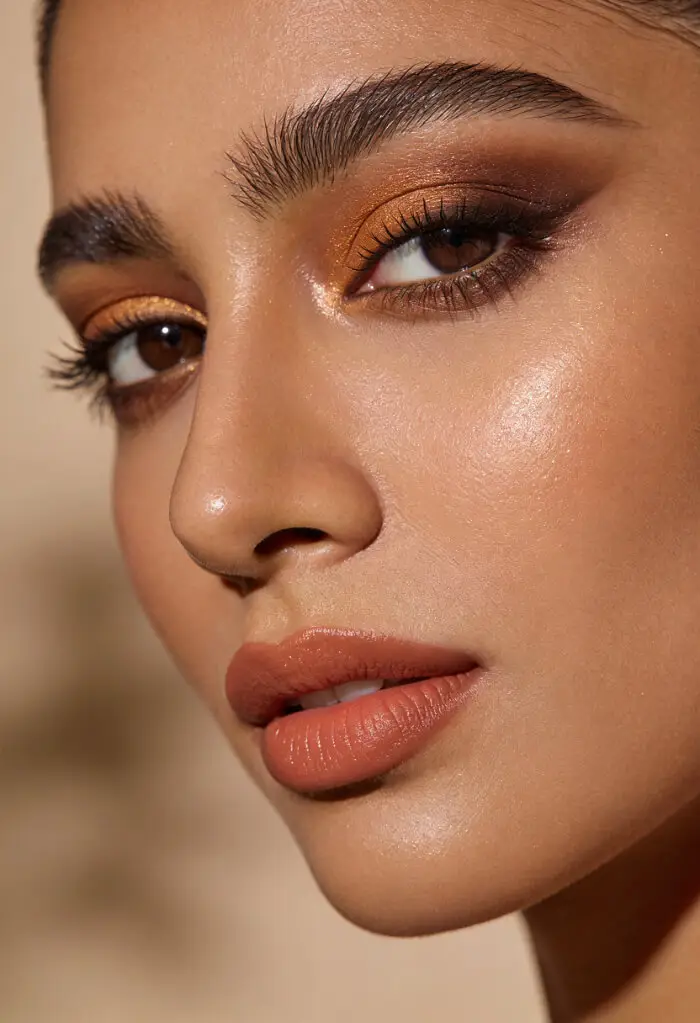 Golden Copper Smokey Eye Makeup with Glossy Nude Lips