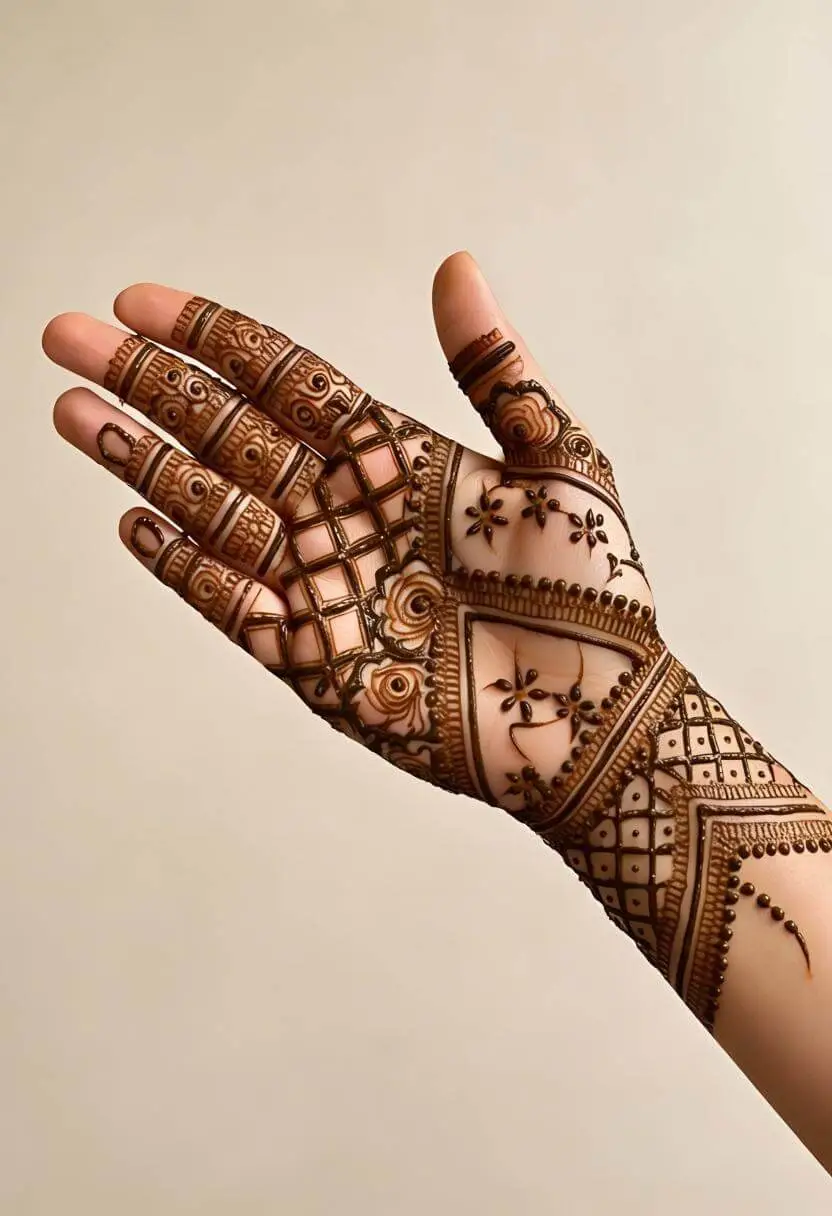 Elegant Full Palm Mehndi Design with Floral & Net Pattern Details