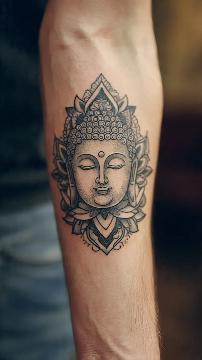 Creative Buddha Face Tattoo with Lotus Mandala Design