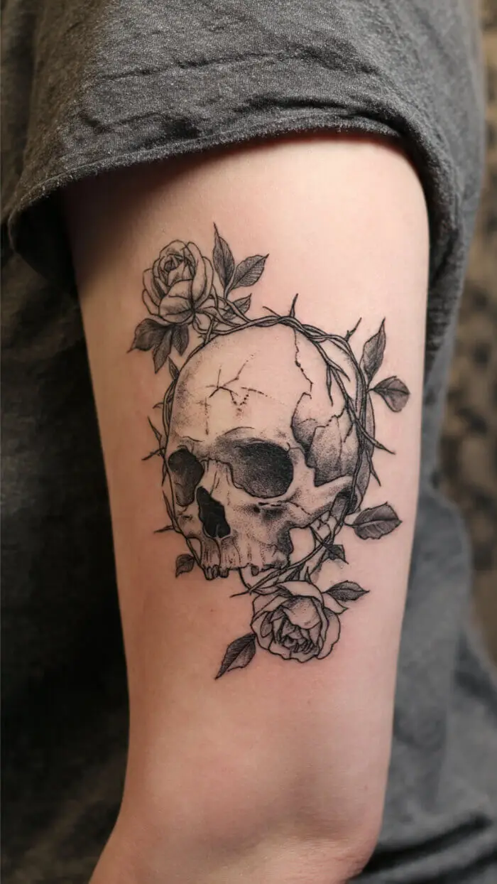 Floral Skull Tattoo Design – Dark Botanical Gothic Ink Art