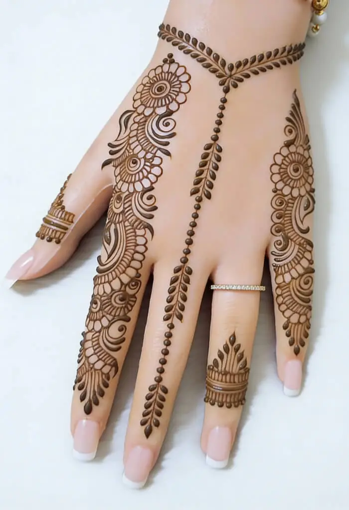 Beautiful Floral Back Hand Mehndi Design with Leaf Chain Pattern