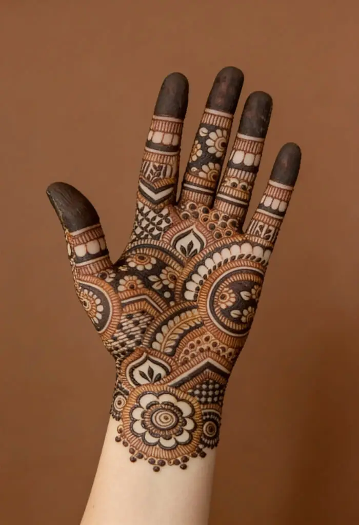 Intricate Mandala Palm Mehndi Design with Dark Fingertips