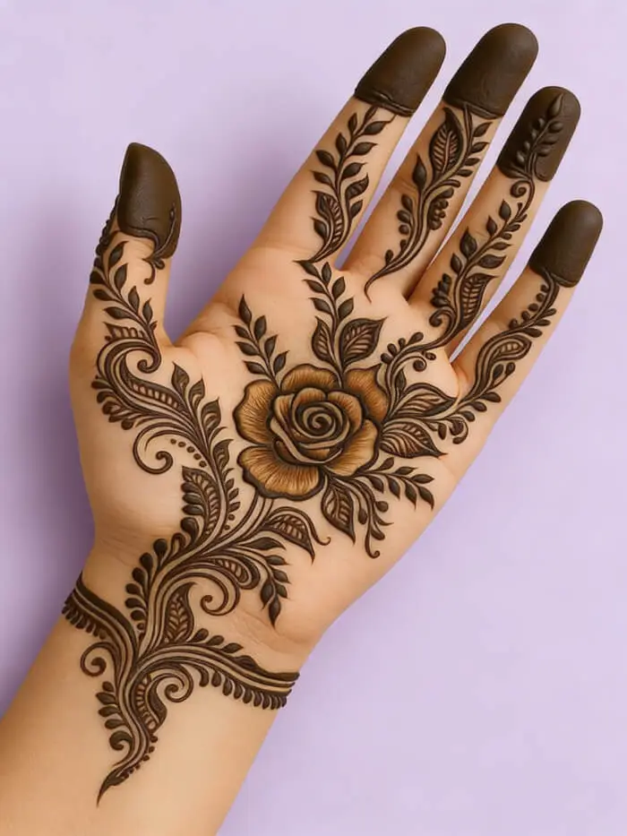 Elegant Floral Palm Mehndi Design with Rose Motif