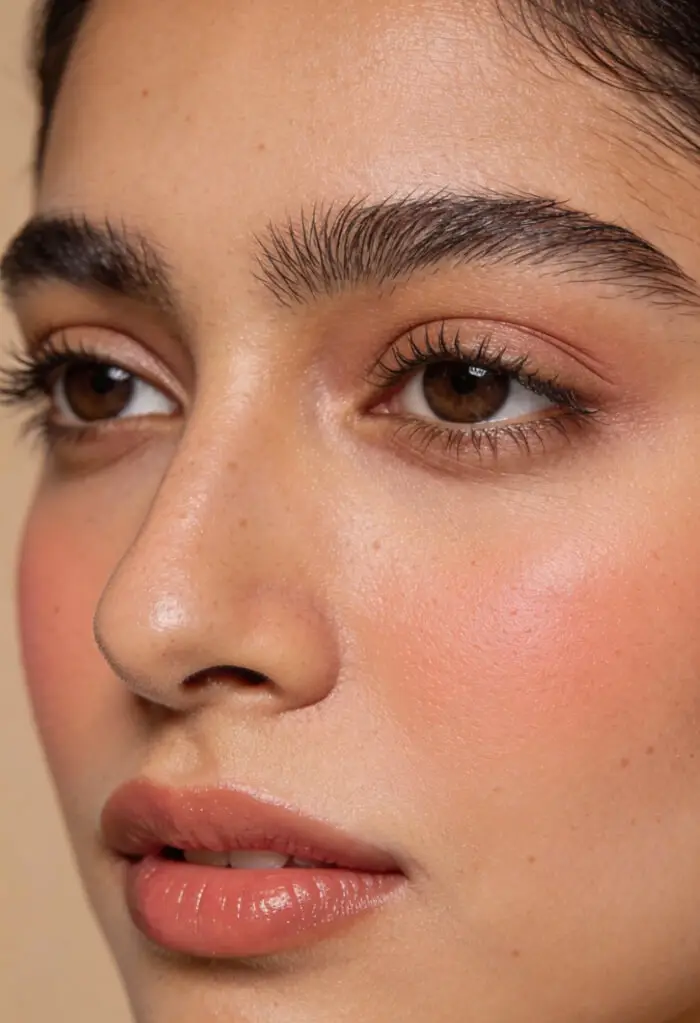 Natural Dewy Soft Glam Makeup Look with Peach Blush & Glossy Nude Lips