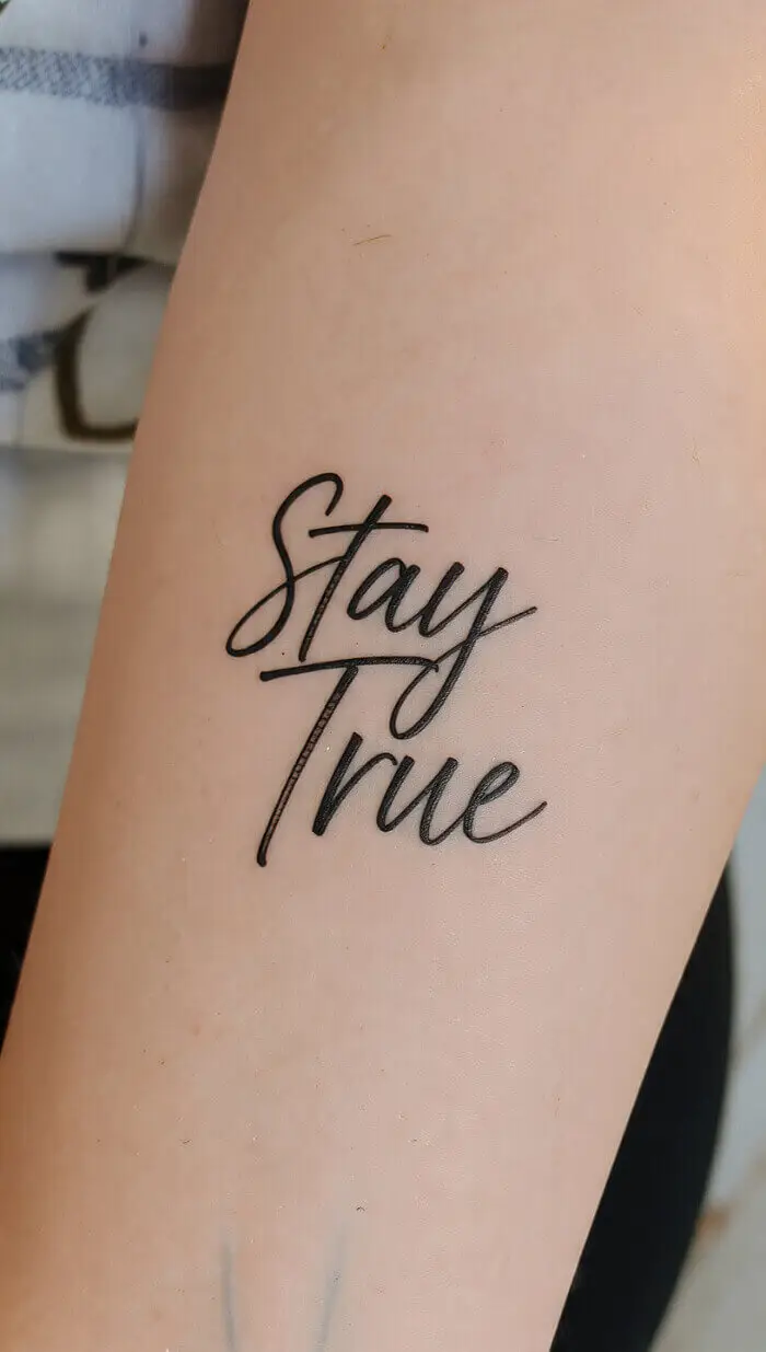 Minimal “Stay True” Script Tattoo Design for Inner Forearm