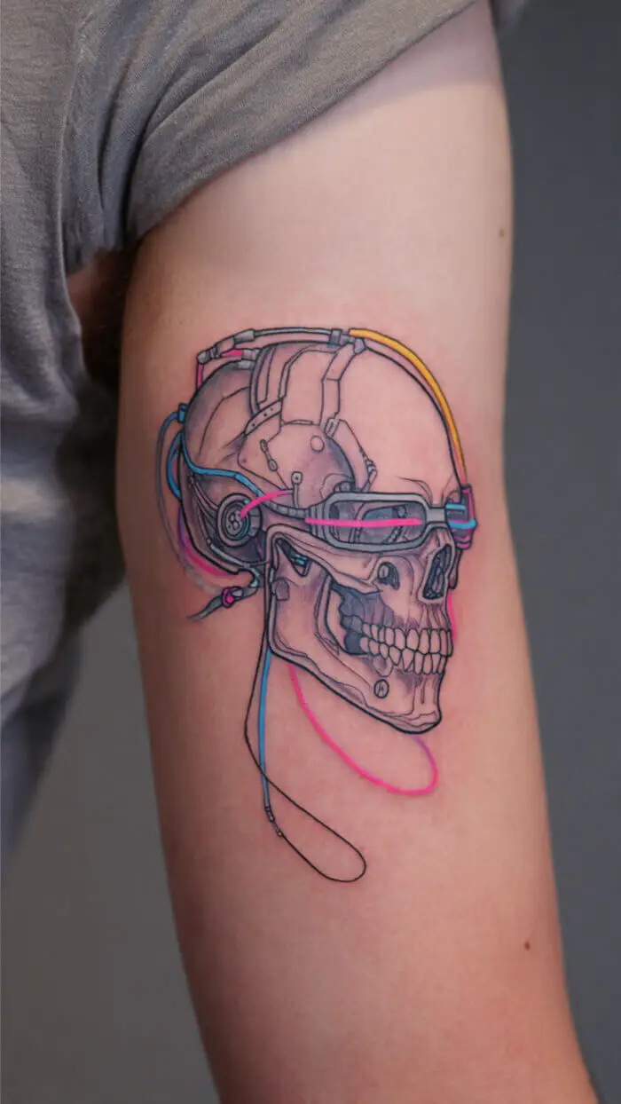 Cyberpunk Skull Tattoo with Neon Tech Headset Design