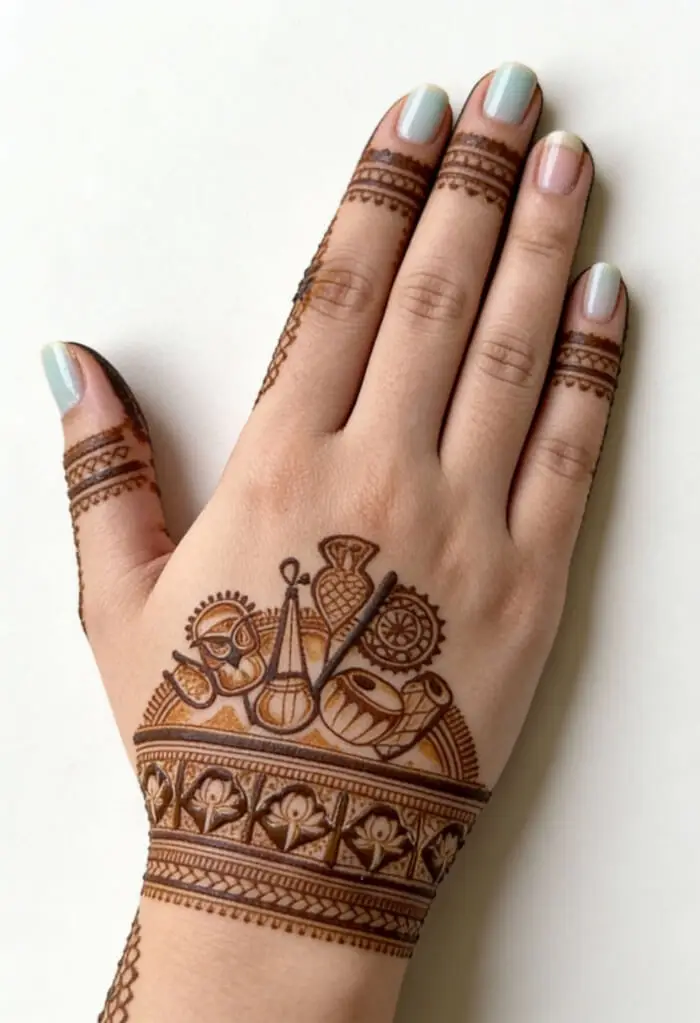 Musical Instrument Mehndi Design on Hand | Unique Bridal Henna Art