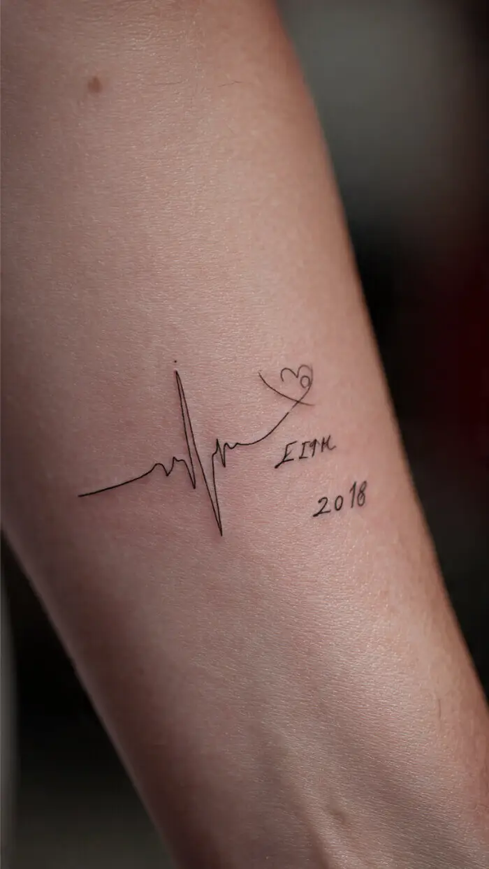 Minimalist Heartbeat Line Tattoo with Name & Date 