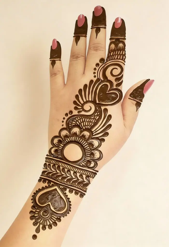 Easy Heart Floral Arabic Mehndi Design for Front Hand
