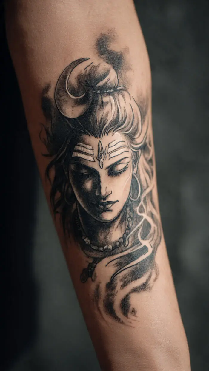 Lord Shiva Portrait Tattoo – Divine Mahadev Black & Grey Forearm Art