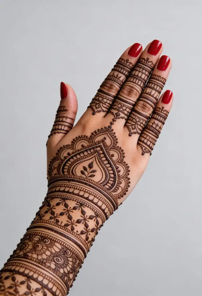 Stylish Back Hand Mehndi Design with Paisley & Geometric Patterns