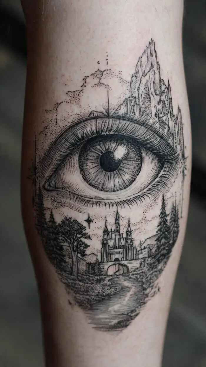 Creative Eye Castle Tattoo with Fantasy Landscape