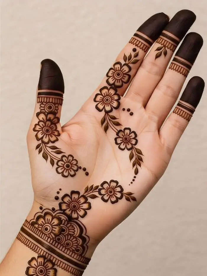 Minimal Floral Finger Mehndi Design for Palm