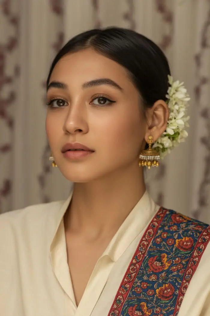 Elegant Indian Minimal Makeup Look with Winged Eyeliner & Nude Lips