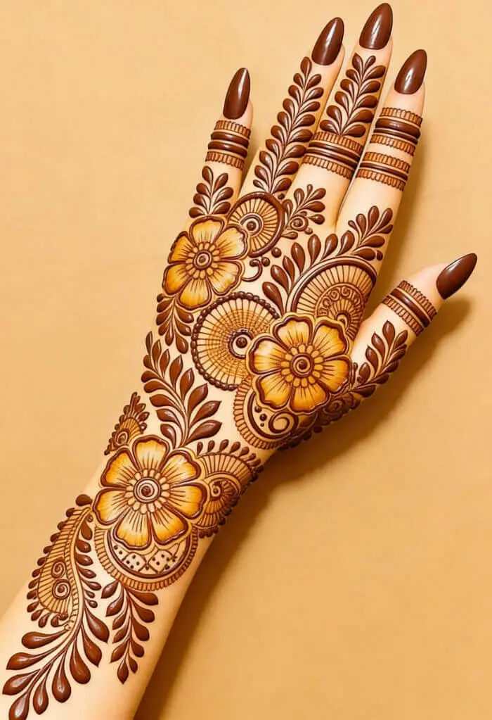Stunning Floral Full Hand Mehndi Design with Leaf Patterns