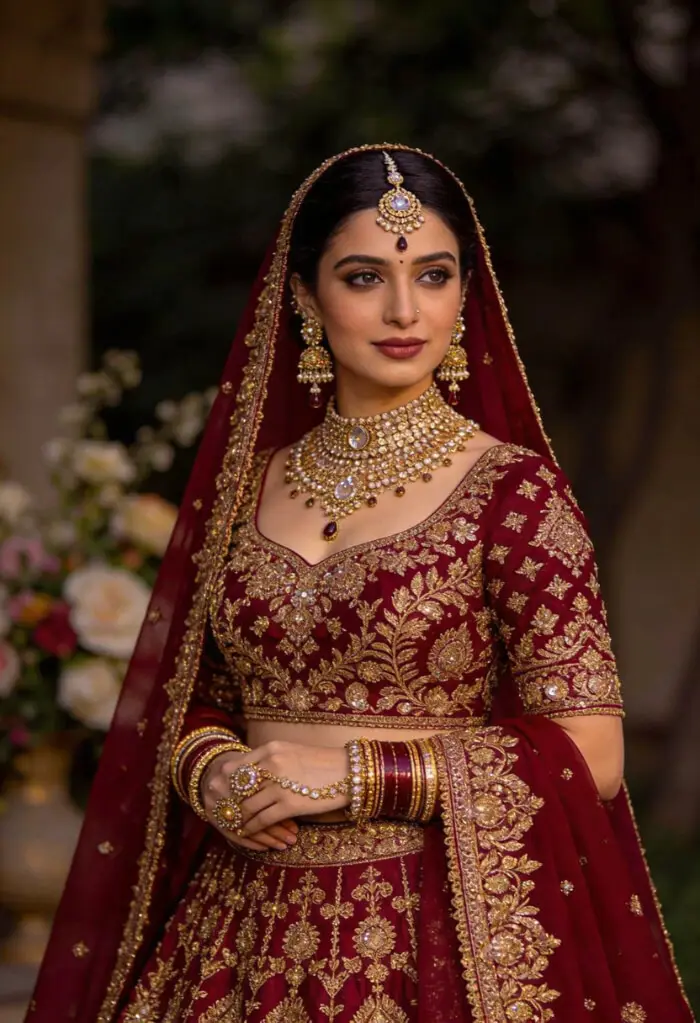 Royal Bridal Makeup Look With Maroon Lehenga Heavy Gold Embroidery & Traditional Jewelry