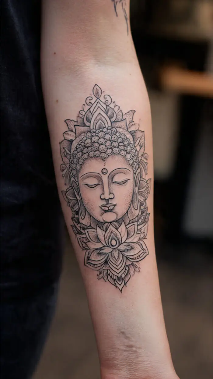 Serene Buddha Lotus Tattoo Design on Forearm