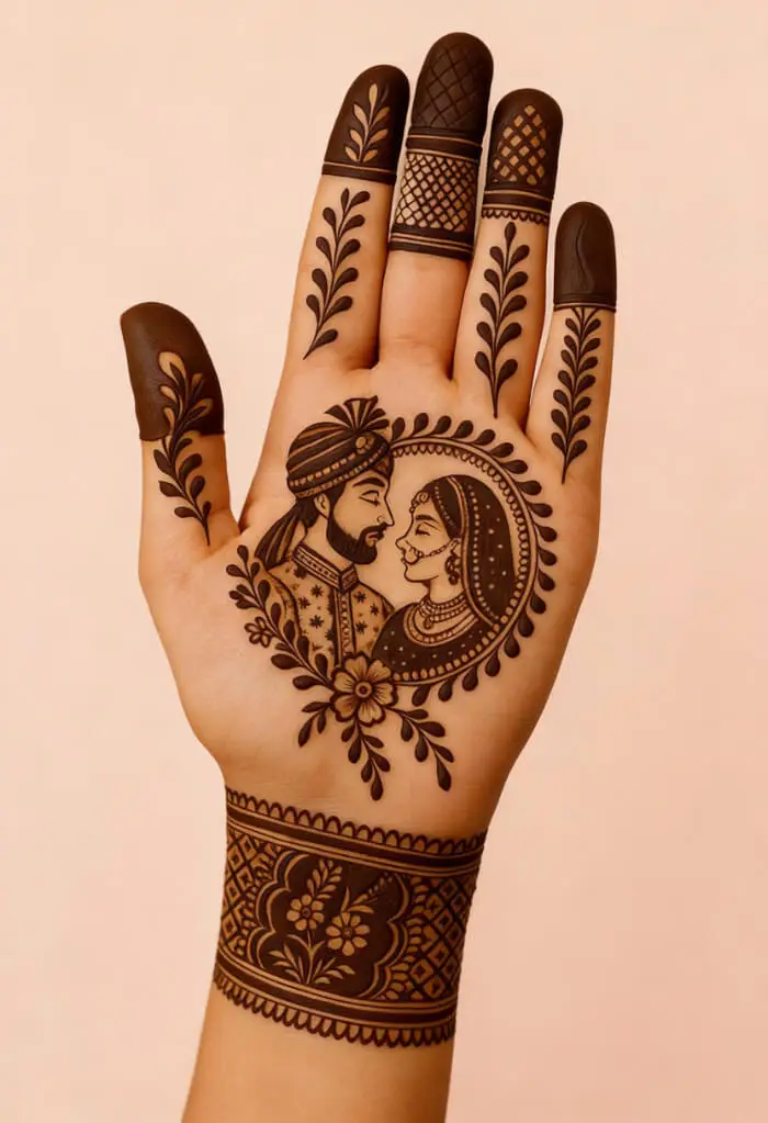 Adorable Bride & Groom Portrait Bridal Mehndi Design on Palm