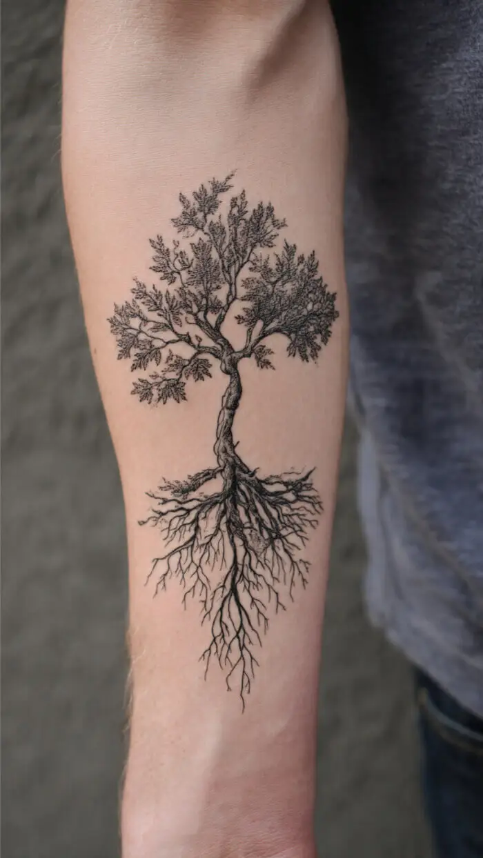 Tree of Life Forearm Tattoo with Roots – Minimalist Nature Ink Design