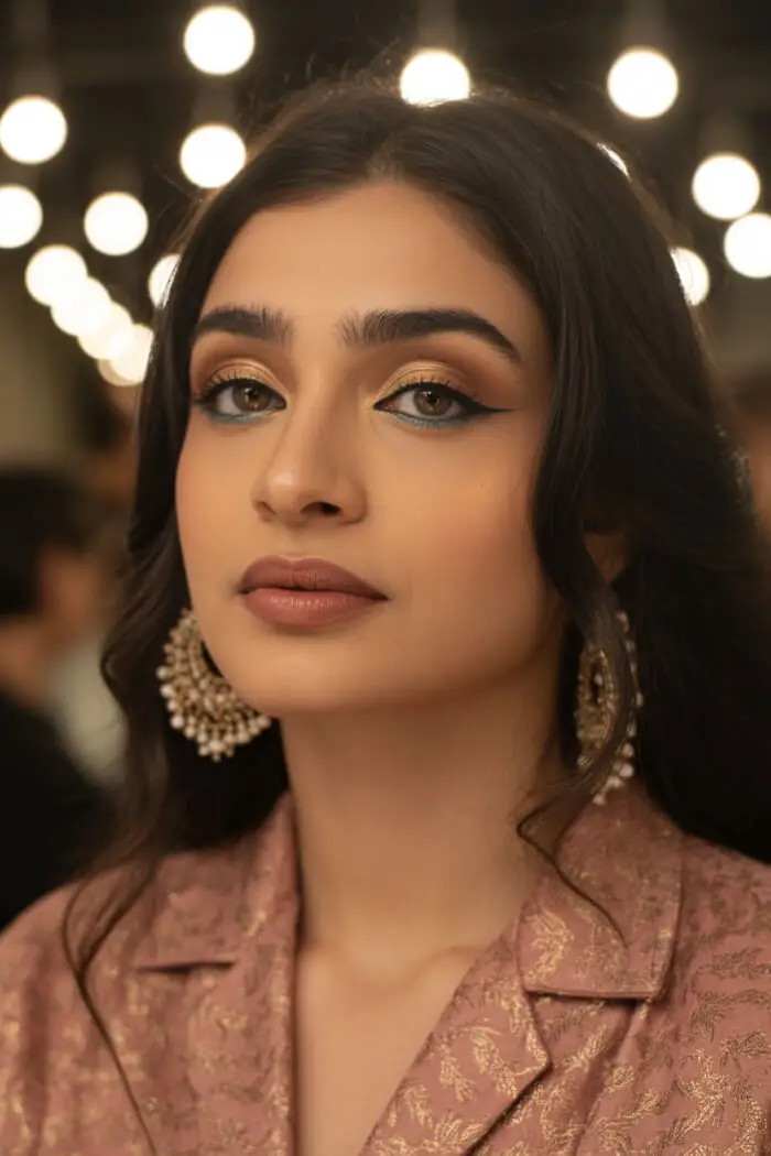 Soft Glam Gold Eye Makeup with Nude Lips – Elegant Indian Party Look