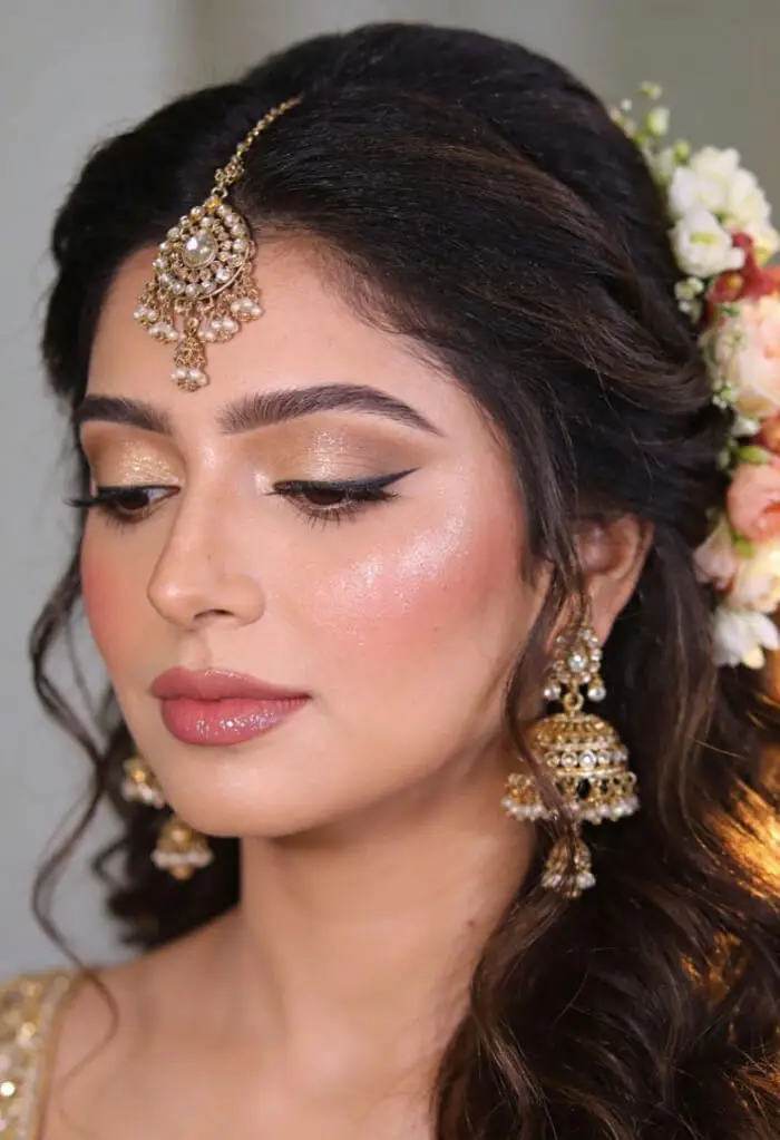 Soft Glam Indian Bridal Makeup with Gold Shimmer Eyes & Dewy Glow