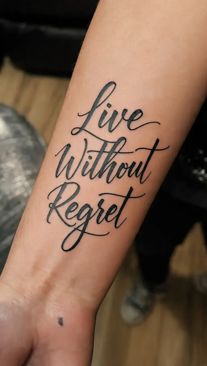 "Live Without Regret" Cursive Tattoo Design on Forearm