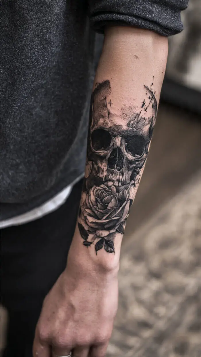 Skull and Rose Forearm Tattoo – Dark Gothic Blackwork Design