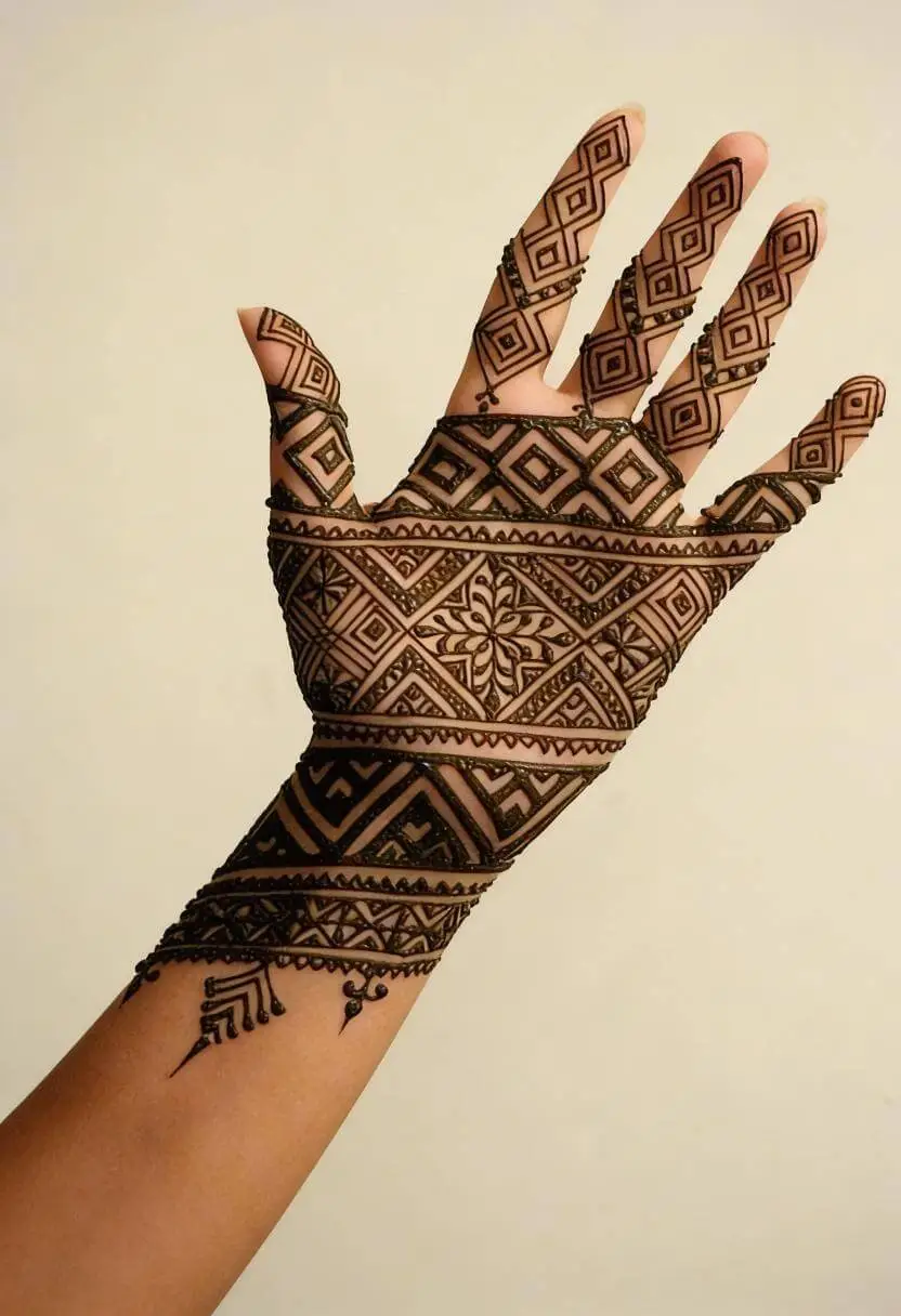Geometric Full Hand Mehndi Design with Bold Tribal Patterns
