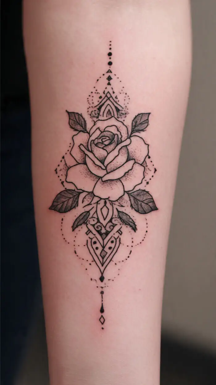 Minimalist Geometric Rose Tattoo Design for Forearm