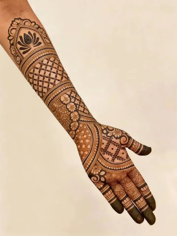 Royal Traditional Full Hand Mehndi Design with Floral & Geometric Patterns