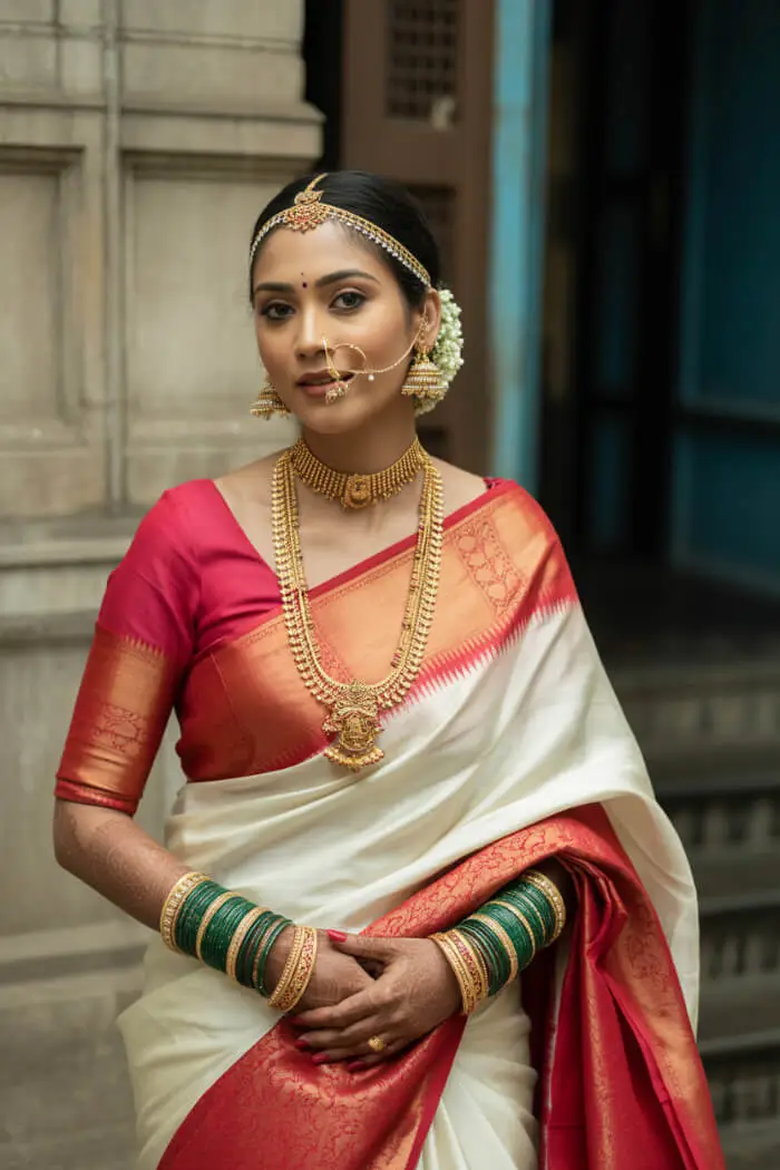 Traditional South Indian Bridal Makeup Look with Kanjeevaram Saree & Temple Jewelry
