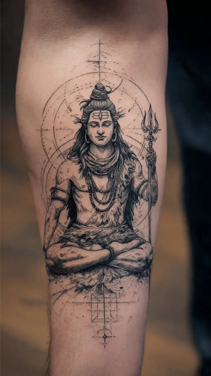 Meditating Lord Shiva Tattoo with Trishul – Sacred Geometric Shiva Art