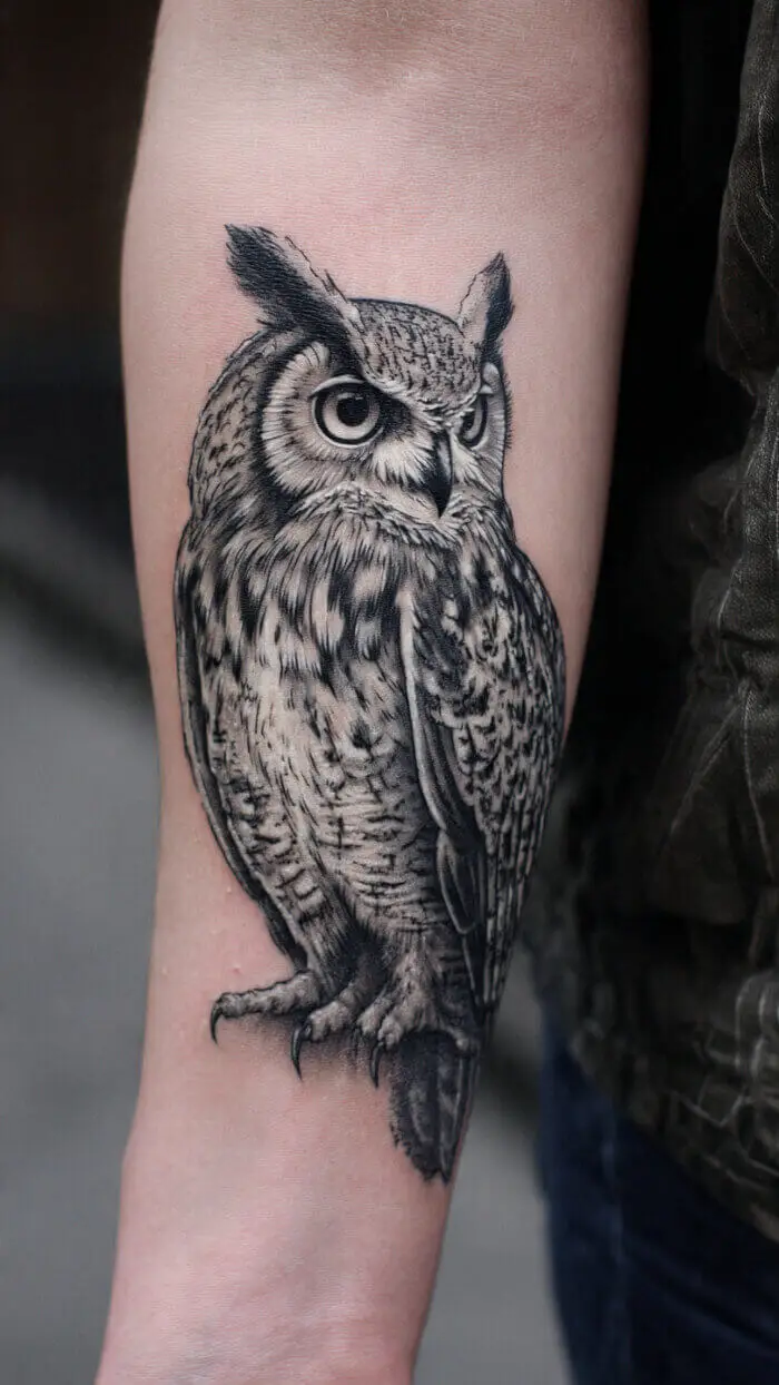 Realistic Owl Forearm Tattoo Design with Detailed Feathers