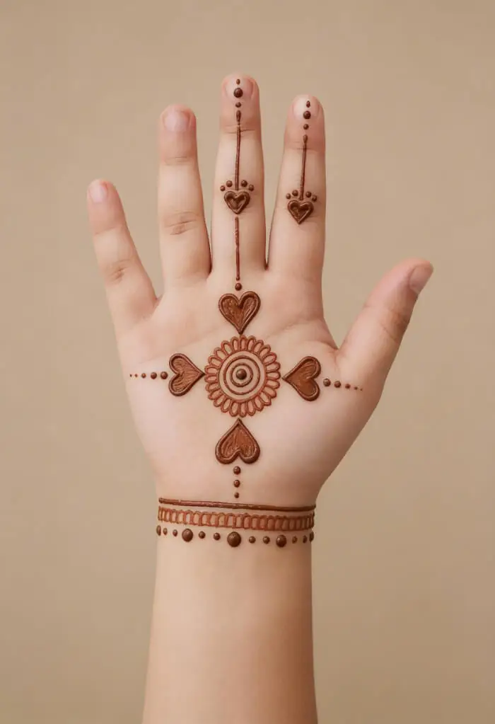 Minimal Heart Mandala Palm Mehndi Design for Kids
