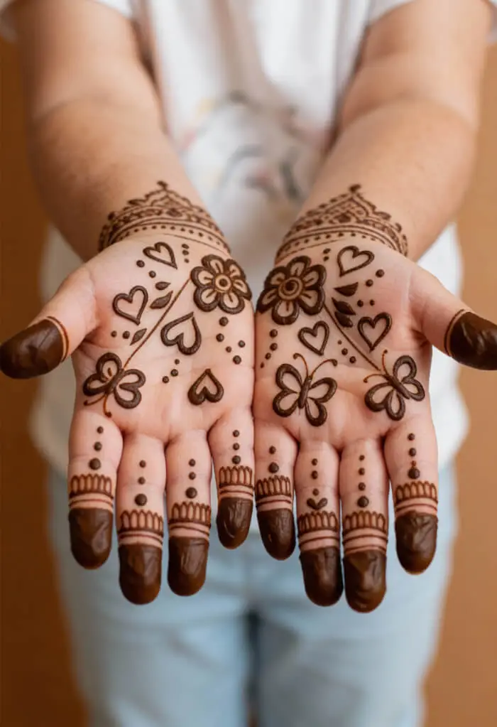 Simple Heart & Flower Palm Mehndi Design for Girls