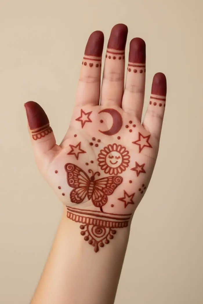 Cute Butterfly Mehndi Design with Moon & Stars for Kids