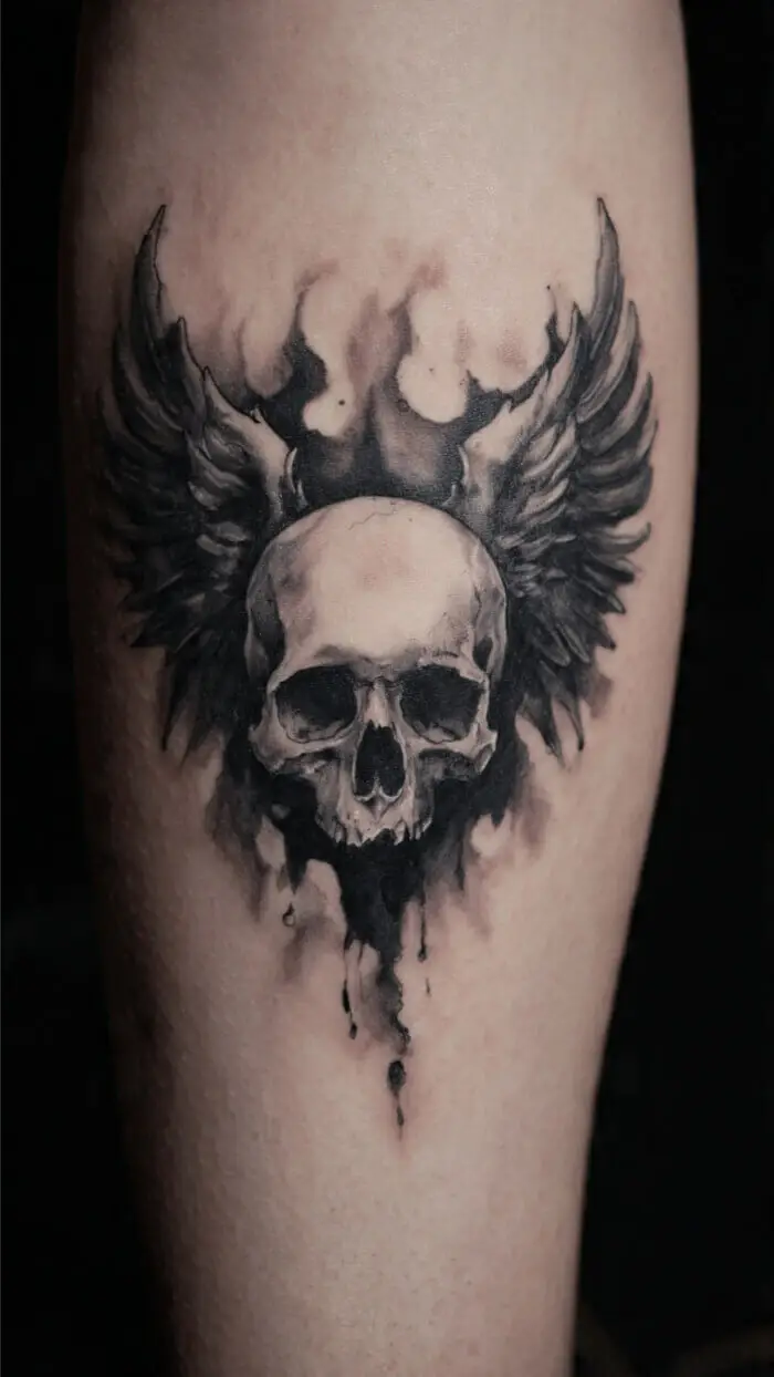 Creative Dark Angel Skull Tattoo with Wings – Black & Grey Realism